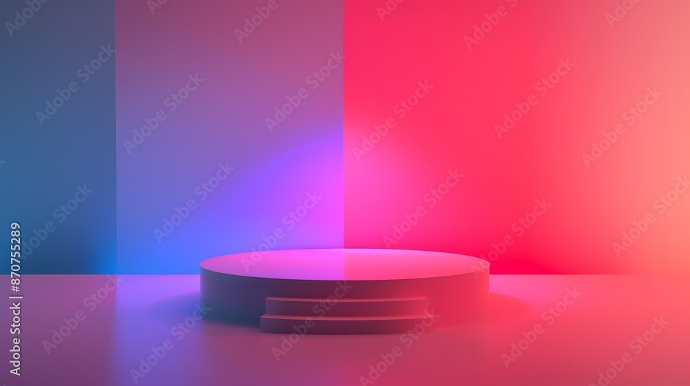 Poster abstract geometric neon background with podium.