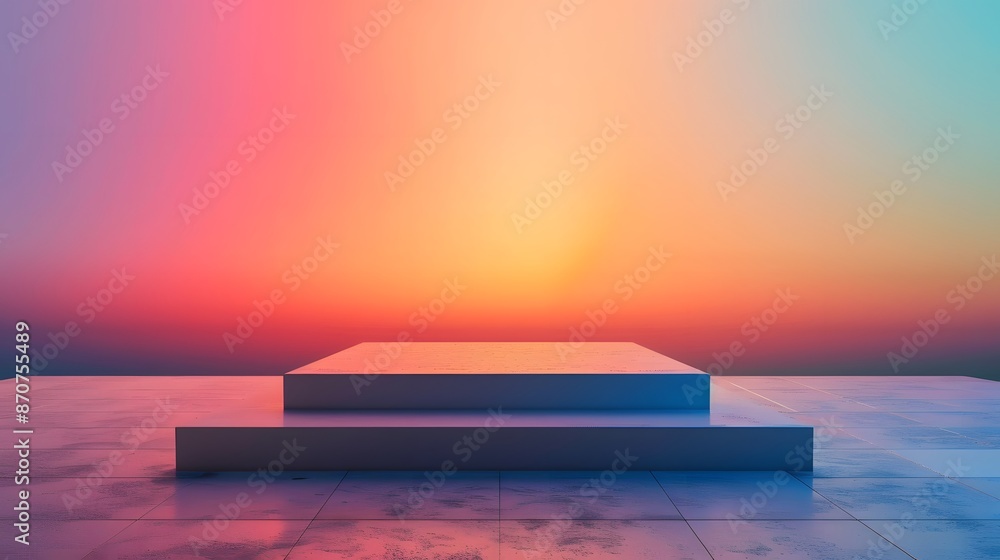 Poster abstract minimalist background with gradient sky and geometric platforms.