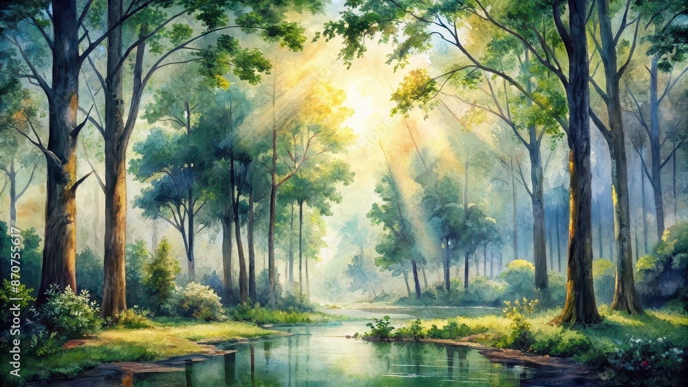 Canvas Prints A forest path with a sun shining through the trees