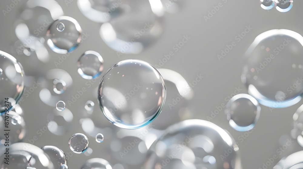 Poster transparent soap bubbles floating in bright studio environment