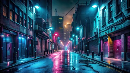 Dark empty street with neon lights and spotlights, creating an eerie atmosphere, street, dark, blue, background, empty