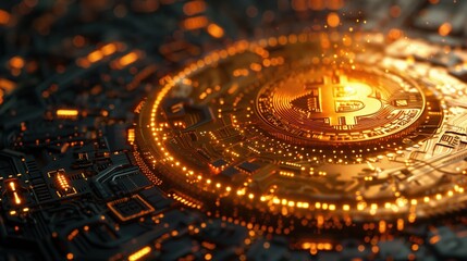 Golden Bitcoin hovering over glowing digital circuit.