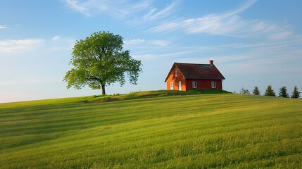 Obraz premium Picturesque rural cottage nestled in a lush green meadow with a beautiful blue sky