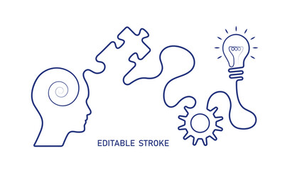Editable stroke spiral head, light bulb, gear, cog, business idea vector. Business concept line art to use for idea, brainstorm, learning, strategy, thinking, inspiration, teamwork projects.