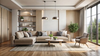 Fototapeta premium Modern living room with clean lines and neutral colors, minimalist, contemporary, interior design, spacious