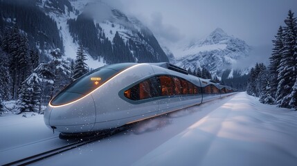 Futuristic High-Speed Train in Snowy Mountain Landscape - Generative AI