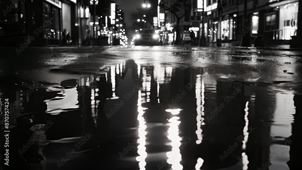 Poster the city lights dance in the rippling surface of a puddle creating a mesmerizing effect. black and w