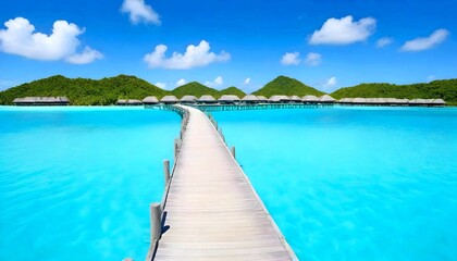 A wooden pier leading to overwater bungalows