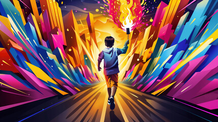 Boy with Torch Running Through a Colorful Portal