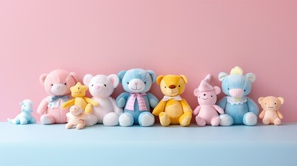 Cute stuffed animals arranged on a blue shelf against a pink wall.
