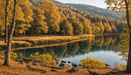 Fototapeta premium Autumn landscape - view of lake in the autumn forest. Natural background, nature landscape wallpaper. Created using generative AI tools