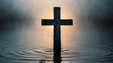 Wooden Cross Standing In Water With Ripples