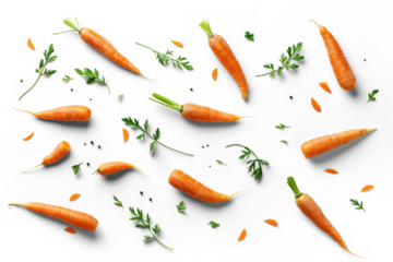 Fresh carrots with leaves in a scattered pattern