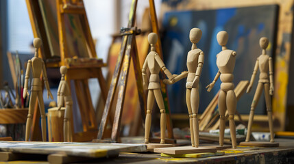 Wooden mannequins posed to mimic the act of gifting in an artist studio environment complete with easels and canvases.
