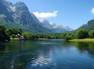 mountain lake landscape with green trees and blue sky