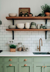 Minimalist Sage Green Kitchen with Open Shelves and White Tiles