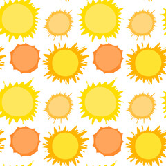 Seamless pattern with different abstract yellow and orange suns. Vector fabric illustration