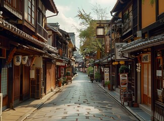 Fototapeta premium An empty narrow street with traditional Japanese architecture on both sides