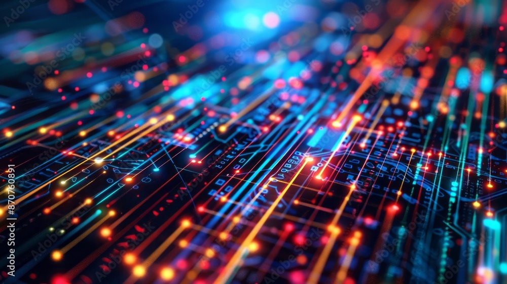 Poster A close-up shot of colorful optical fibers illuminating a complex network of data pathways, creating a vibrant digital landscape