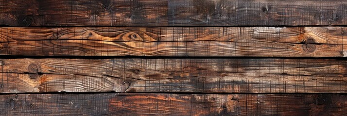 Rustic Wooden Plank Background - Close-up shot of four weathered wooden planks, revealing rich brown and dark hues, knots, and grain patterns. - Close-up shot of four weathered wooden planks, revealin