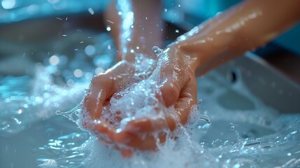 Woman washing hands with soap water to prevent spread germs, hygiene