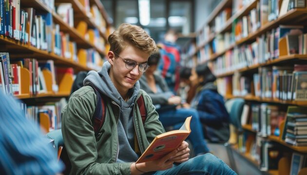 Studierende sitzt in Bibliothek und liest ein Buch