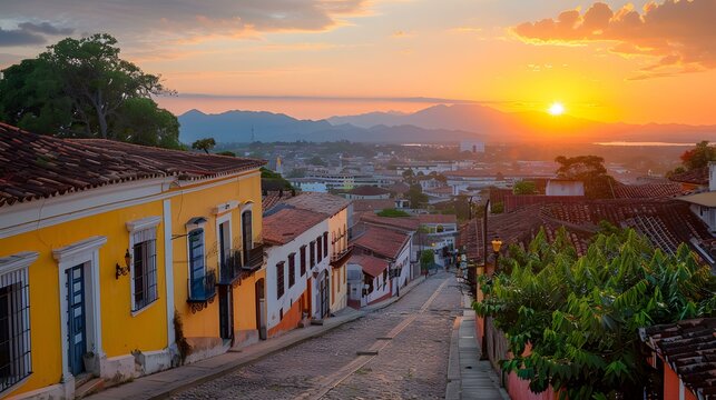 A cobblestone street in a small town with a view of the mountains