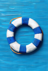 Impressionist painting of a blue and white life preserver against a textured blue background. The vibrant colors and brushstrokes create a nautical theme.