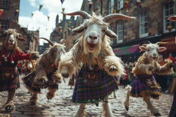 A group of merry animals in traditional Scottish kilts, dancing at a lively festival in Edinburgh. 