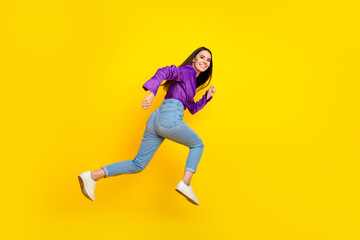 Profile side photo of positive lady run fast jump isolated bright color background