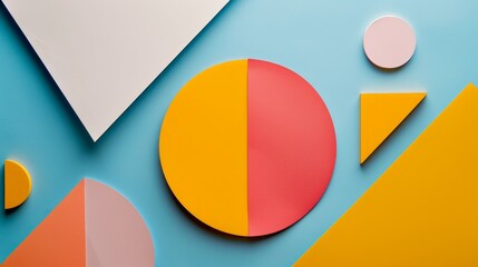 Fototapeta premium Abstract Geometric Composition with Bright Colors - A vibrant abstract composition featuring colorful geometric shapes on a light blue background. The shapes include circles, triangles, and a square, 
