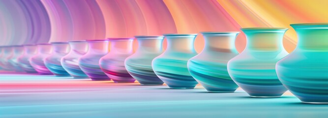 Fototapeta premium Line of colorful gradient vases with a soft, dreamy background. Artistic and elegant home decor concept with copy space.