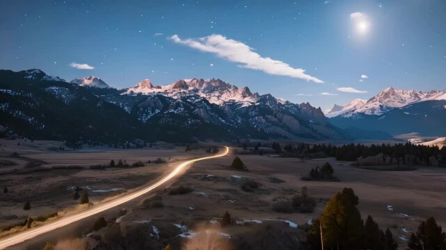 A full moon provides just enough light to complement the car light trails that mark the way towards a stunning hiking trailhead surrounded by majestic mountains.