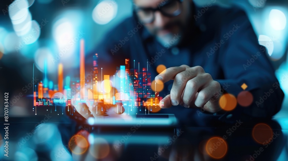 Poster a man is using a tablet to touch a colorful graph. concept of technology and innovation, as the man 