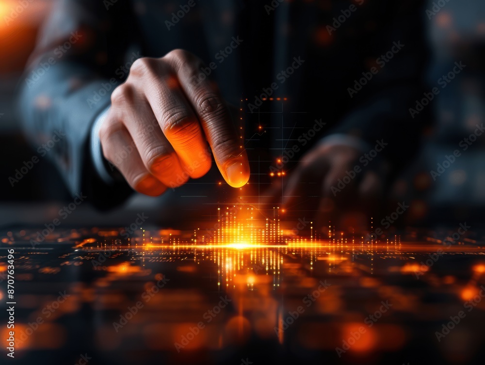 Poster a hand is pointing at a glowing screen with a lot of dots. concept of technology and innovation, as 
