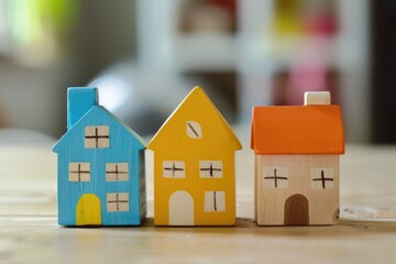 Toy houses made of wooden blocks with painted windows.