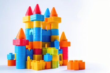 Toy castle made of bright building blocks on white background