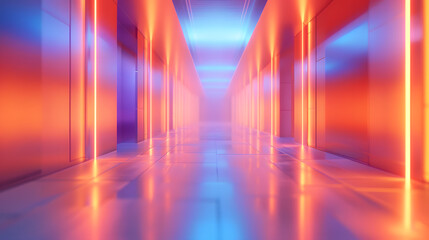 A symmetric futuristic hallway with neon lights in electric blue, magenta, and purple. The pattern of parallel lines on transparent material gives a gaslike effect
