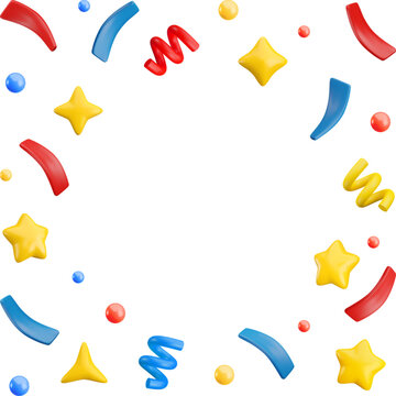 Vector 3d flying party confetti frame background. Colorful Realistic 3d poppers with star, sparkle, bubble, serpentine spirals, ribbon isolated on white. Festive cartoon 3d render firecracker elements