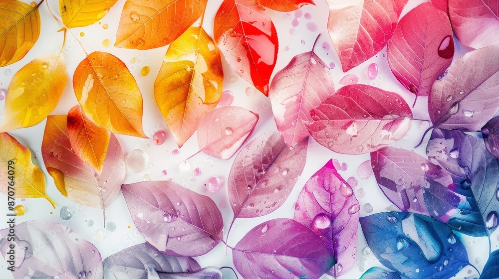 Poster autumn leaves in a spectrum of colors - an array of autumn leaves, arranged in a rainbow of colors w