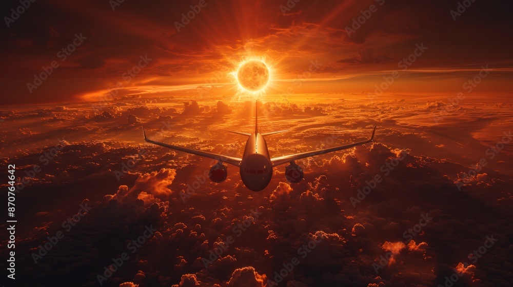 Aufkleber generate 15 prompts for an airplane flying in front of the total solar eclipse with the wake of