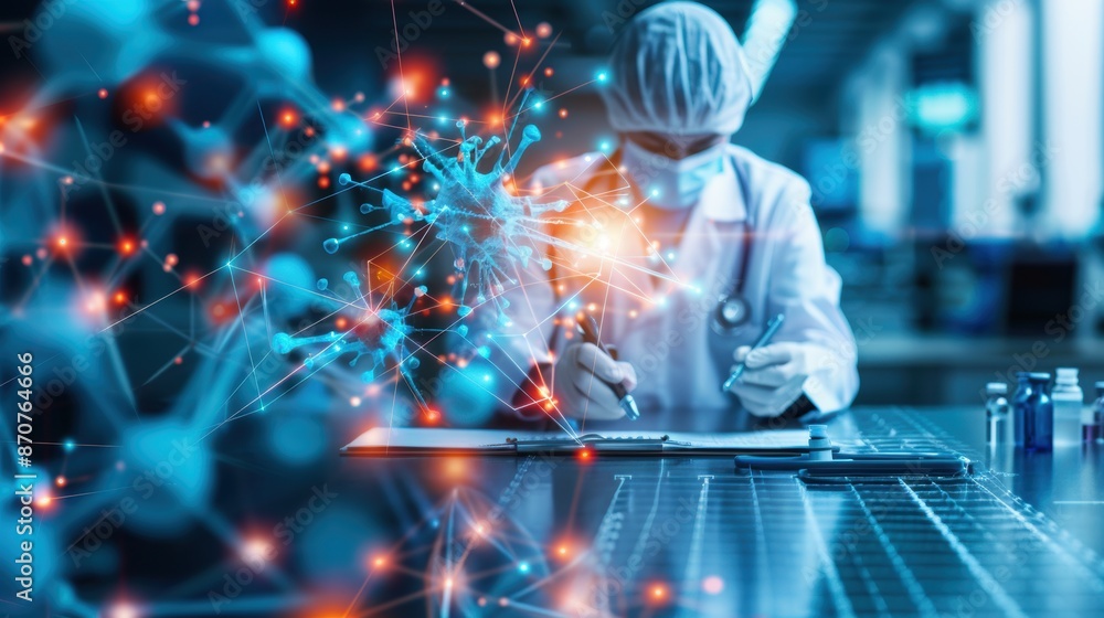Poster a doctor is writing on a clipboard in front of a computer screen that shows a complex network of cel