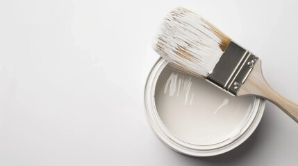 White paint brush resting on paint can against white background