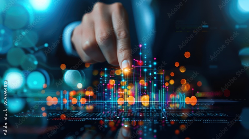Poster a hand is pointing at a colorful cityscape on a computer screen. concept of excitement and wonder as