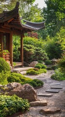 Obraz premium Japanese garden with traditional wooden house, summer day. Serenity and relaxation concept