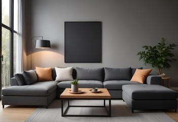 Modern living room interior with dark walls Concrete floor and poster frame mockup. Generative AI
