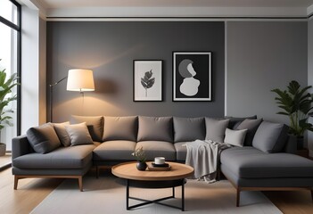 Modern living room interior with dark walls Concrete floor and poster frame mockup. Generative AI