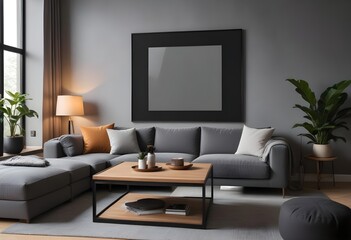 Modern living room interior with dark walls Concrete floor and poster frame mockup. Generative AI