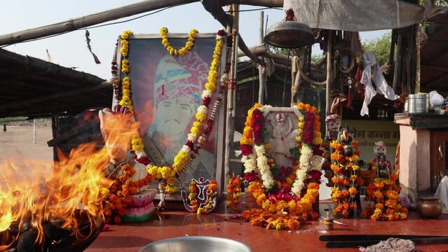 hindu holy bike god om banna worshiping at temple from flat angle