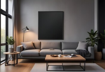 Modern living room interior with dark walls Concrete floor and poster frame mockup. Generative AI